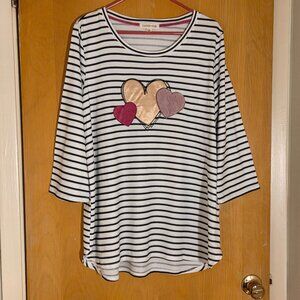 Clover + Pine Pullover Round Neck Top Womens XXL Nautical Stripe Hearts Coastal